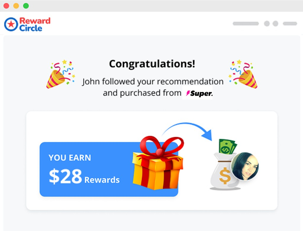 Congratulations screen when a recommendation leads to a Super purchase and rewards