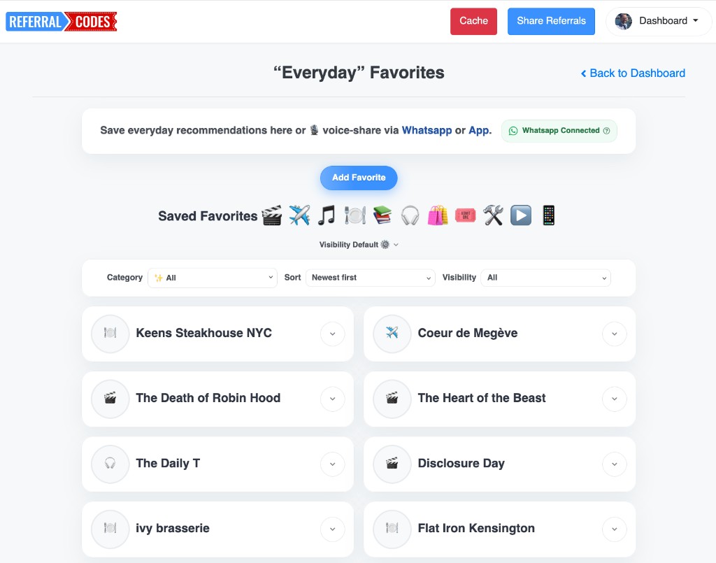 Everyday Favorites page showing saved items and Visibility Default control