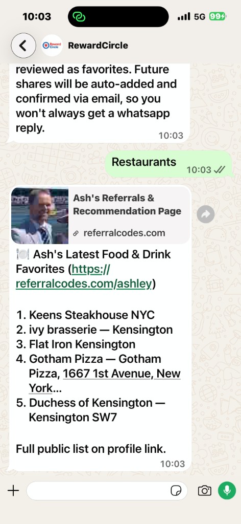 WhatsApp reply listing restaurant favorites