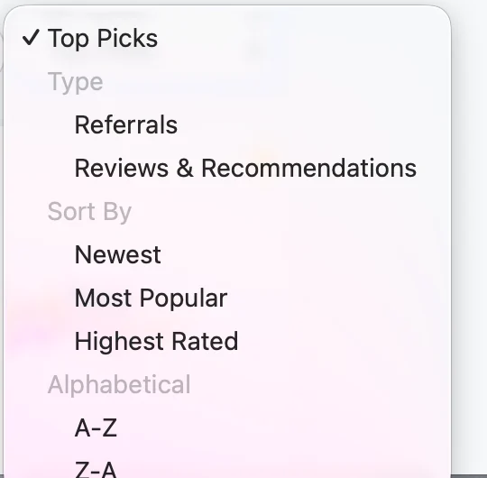 Profile filter open on Top Picks, with options for referrals, reviews, and sort order