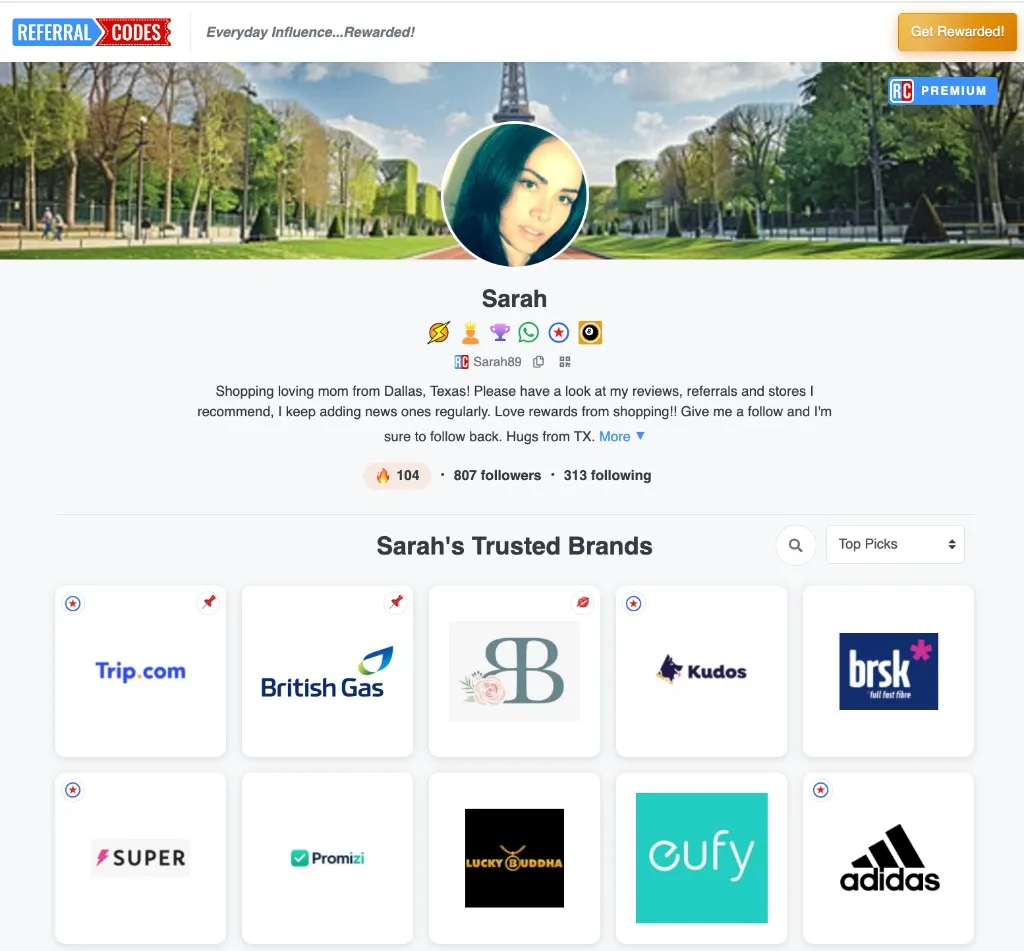 Sarah's ReferralCodes profile, with her bio, trusted brands, and referral links on one page
