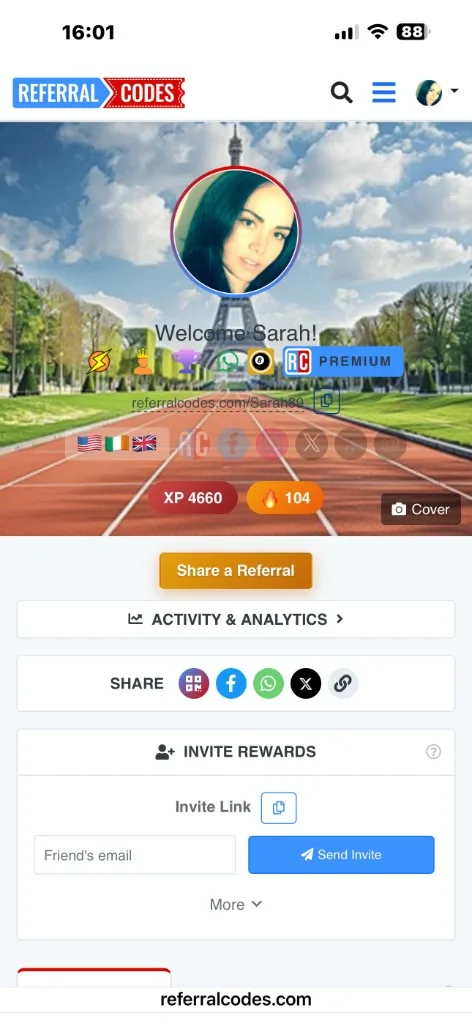 Sarah's profile on a phone, with the SHARE row under the page header