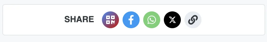 SHARE row with QR code, Facebook, WhatsApp, X, and copy link